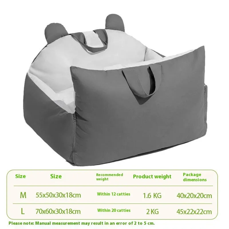 Removable washable dog car kennel in beige, shown in a vehicle boot with size options M and L.
