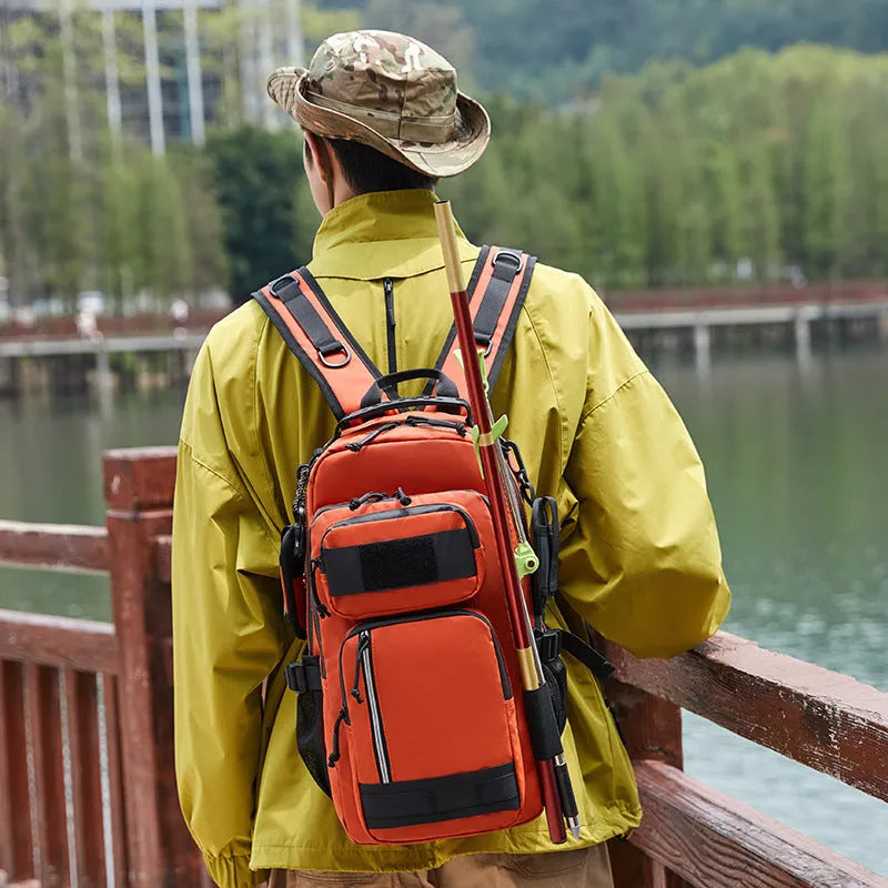 Orange and black colour options of a 20-35 litre Derm outdoor backpack for hiking and camping.