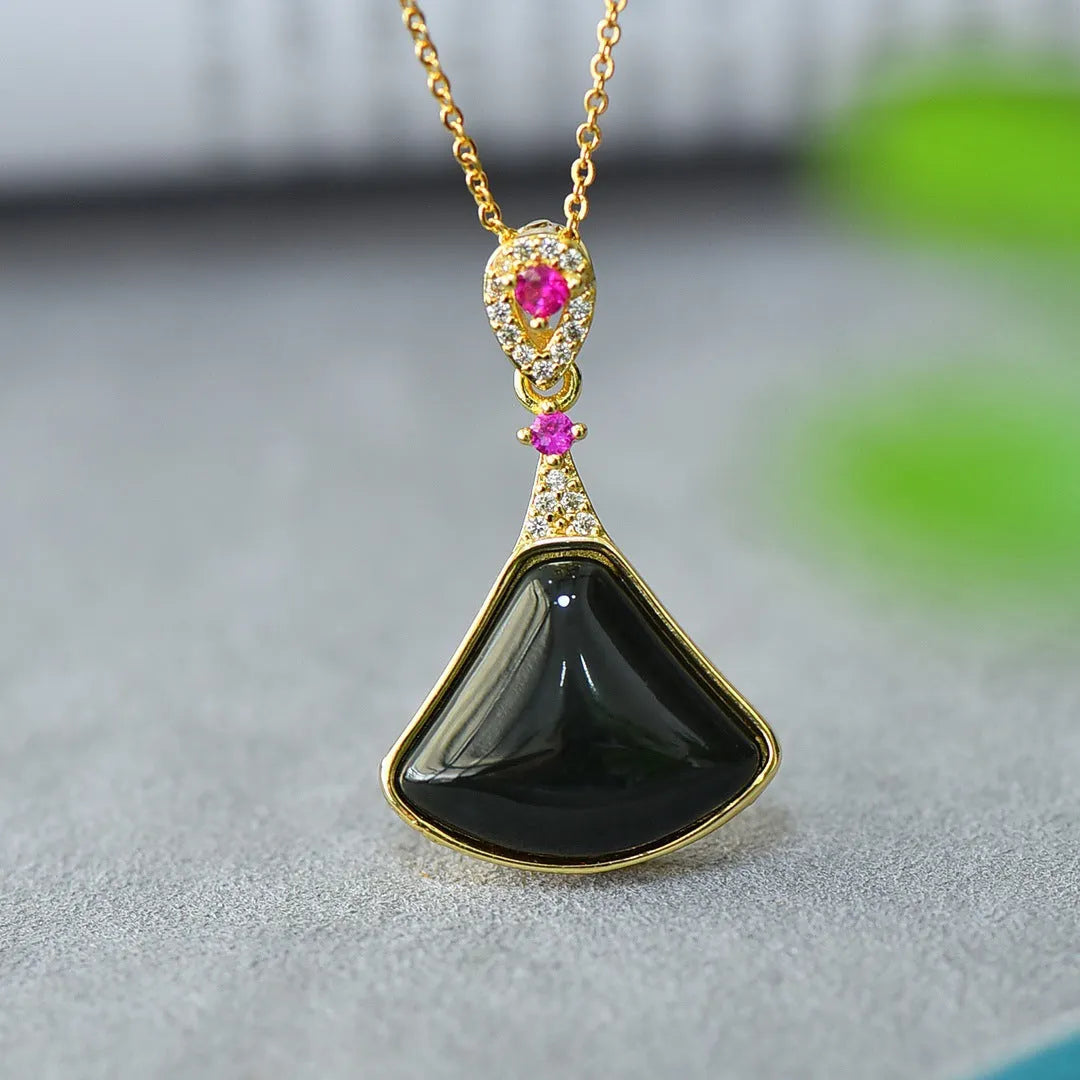 Natural Hetian Jade flat pendant with copper inlay on necklace chain