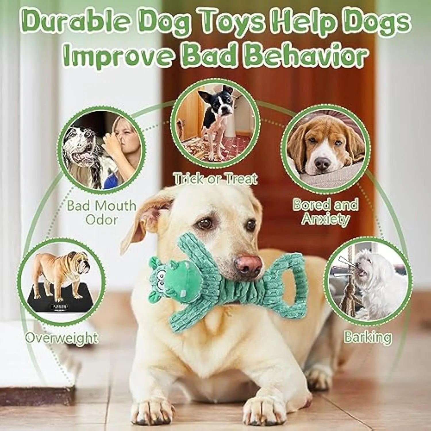 Large plush squeaky dog toy with a handle for tug of war, shown in a hippo design.