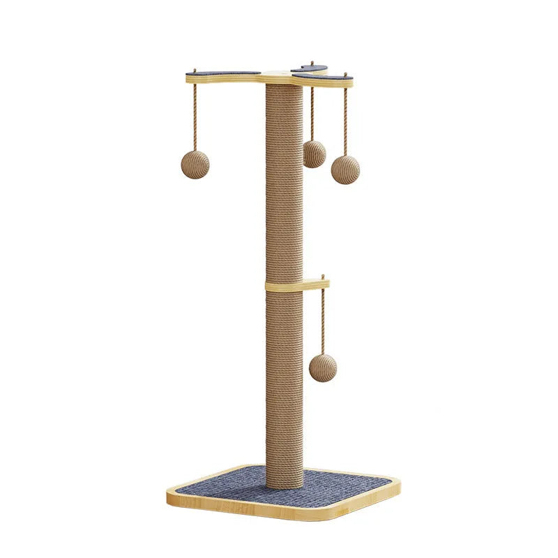 Windmill design cat climbing frame with hanging ball toy made from pine wood and carpet leather
