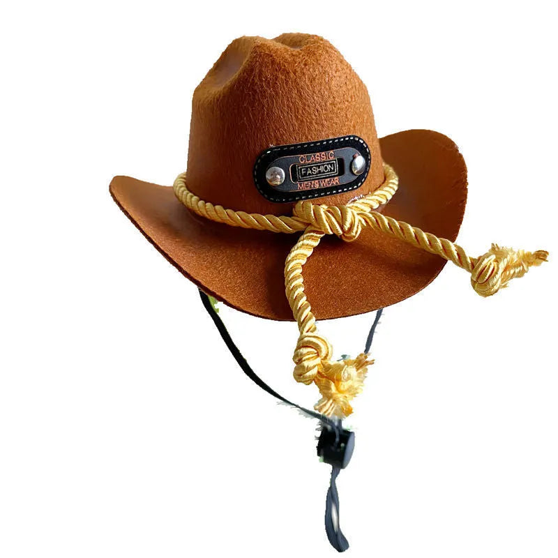 British cowboy style hat for a cat, made from brown non woven fabric with a black ribbon trim.