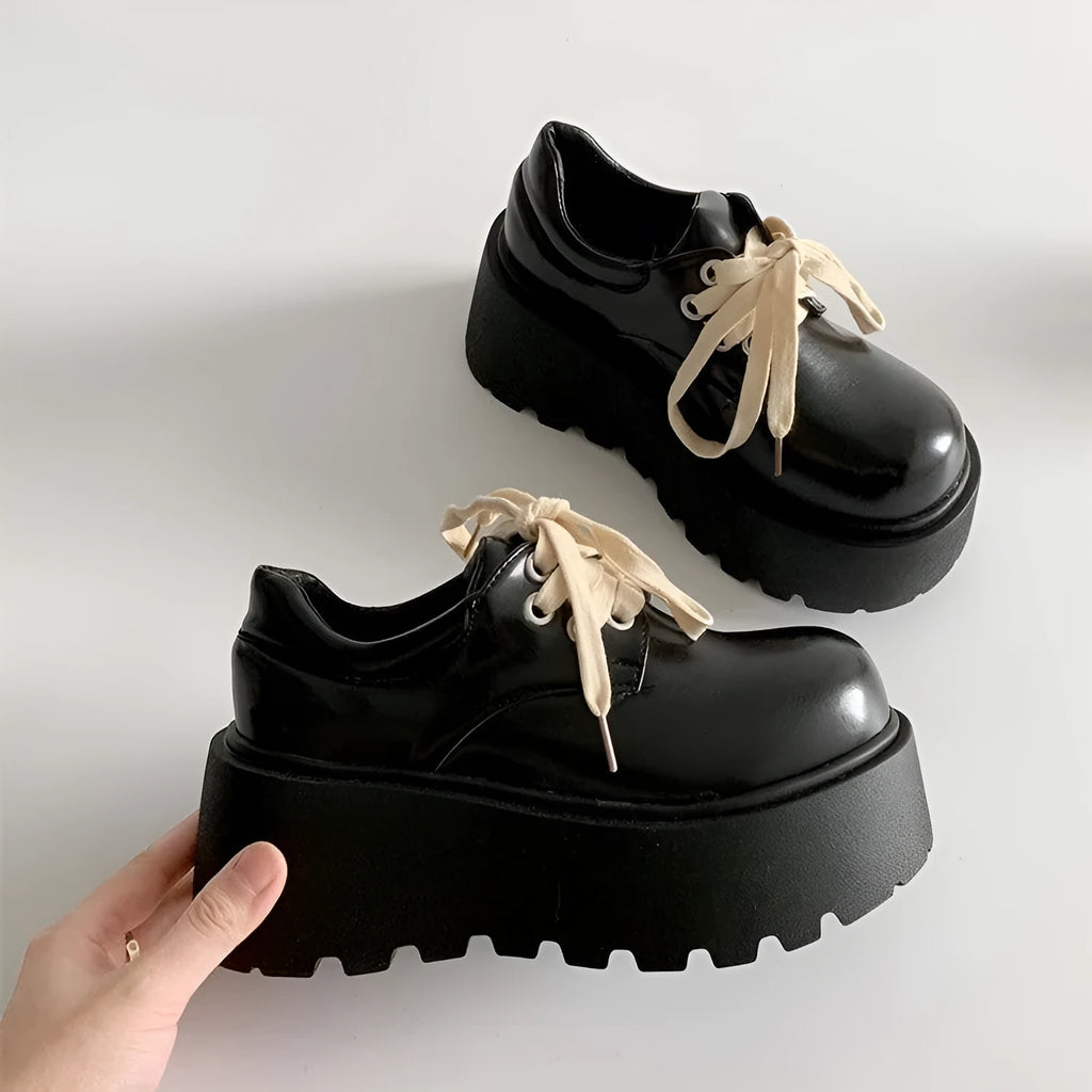 Women's matte black retro lace-up shoes with thick sole and 6-8cm heel