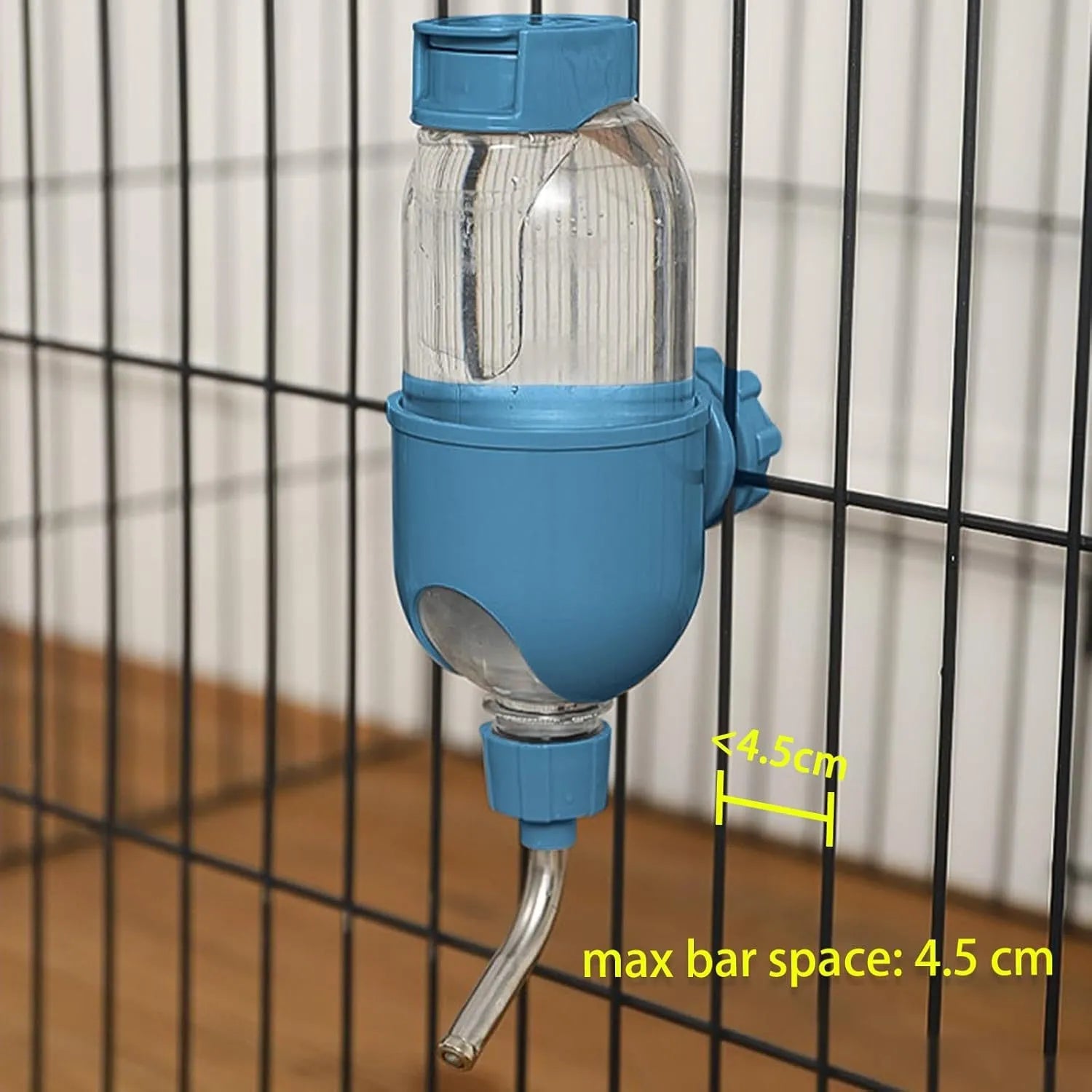 Blue small animal water bottle with rotatable nozzle mounted on cage bars