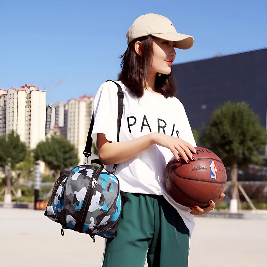 Oxford cloth basketball training bag with dual strap options shown in a colour selection including black, blue, and camouflage.