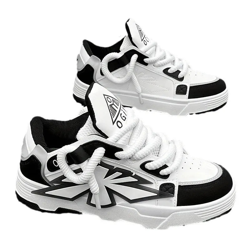 Men's white synthetic leather sneakers with cartoon pattern and thick rubber sole
