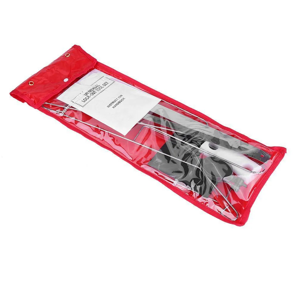 9-piece automotive lockout tool set showing air pump wedge, plastic wedges, hooks, and crowbars