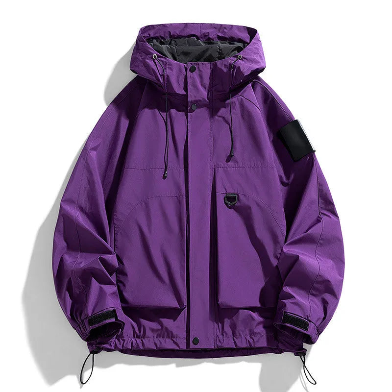 Men's black waterproof windproof hooded coat with long sleeves on a hanger.