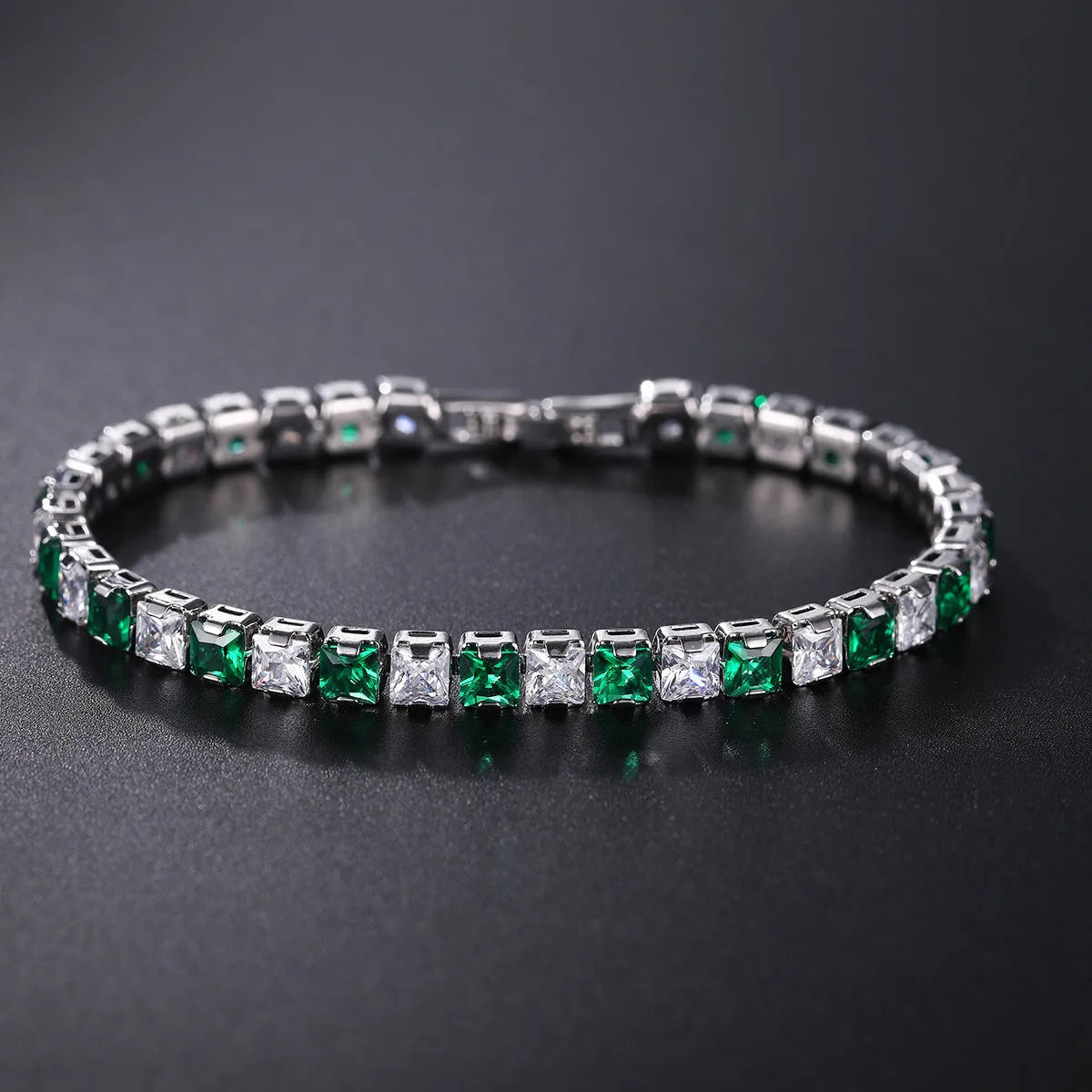 Electroplated real platinum square diamond bracelet with geometric design and gang drill elements in zircon