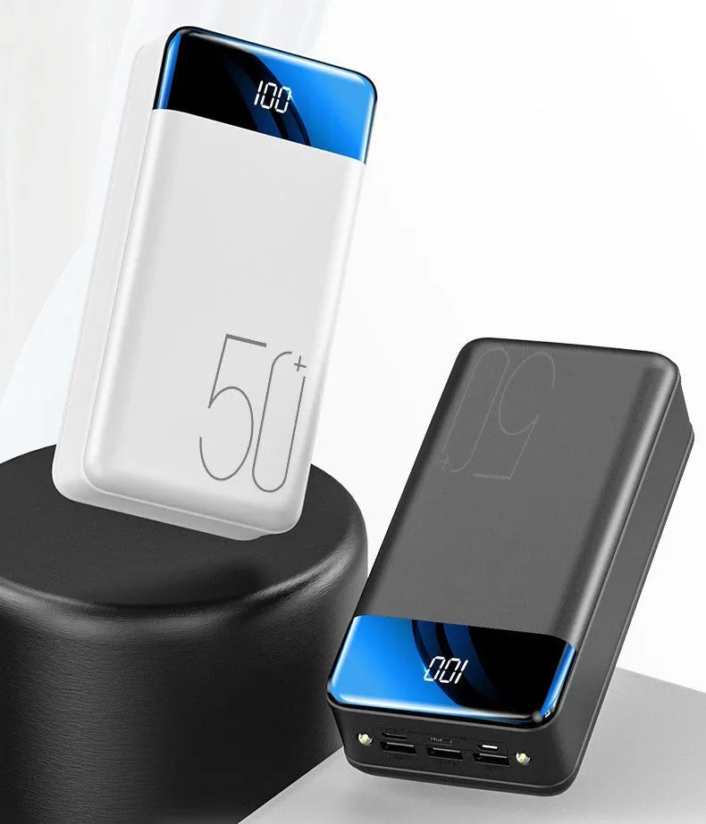 50000mAh power bank with three USB output ports in black or white plastic case