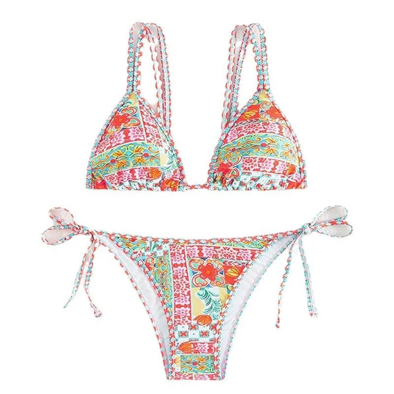 Women's lace-up split swimsuit with backless design in picture colour, shown as bikini set