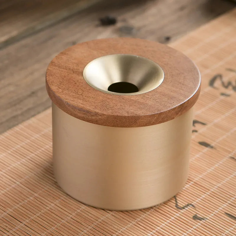 Solid copper retro ashtray with a wooden lid in black or rosewood, showing central air hole.