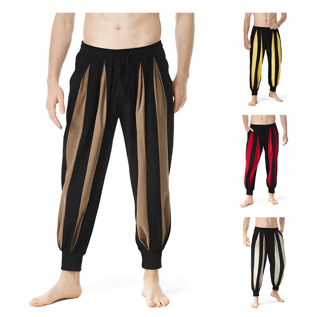 Men's straight-leg casual trousers in brown, khaki, red, or yellow colour options.