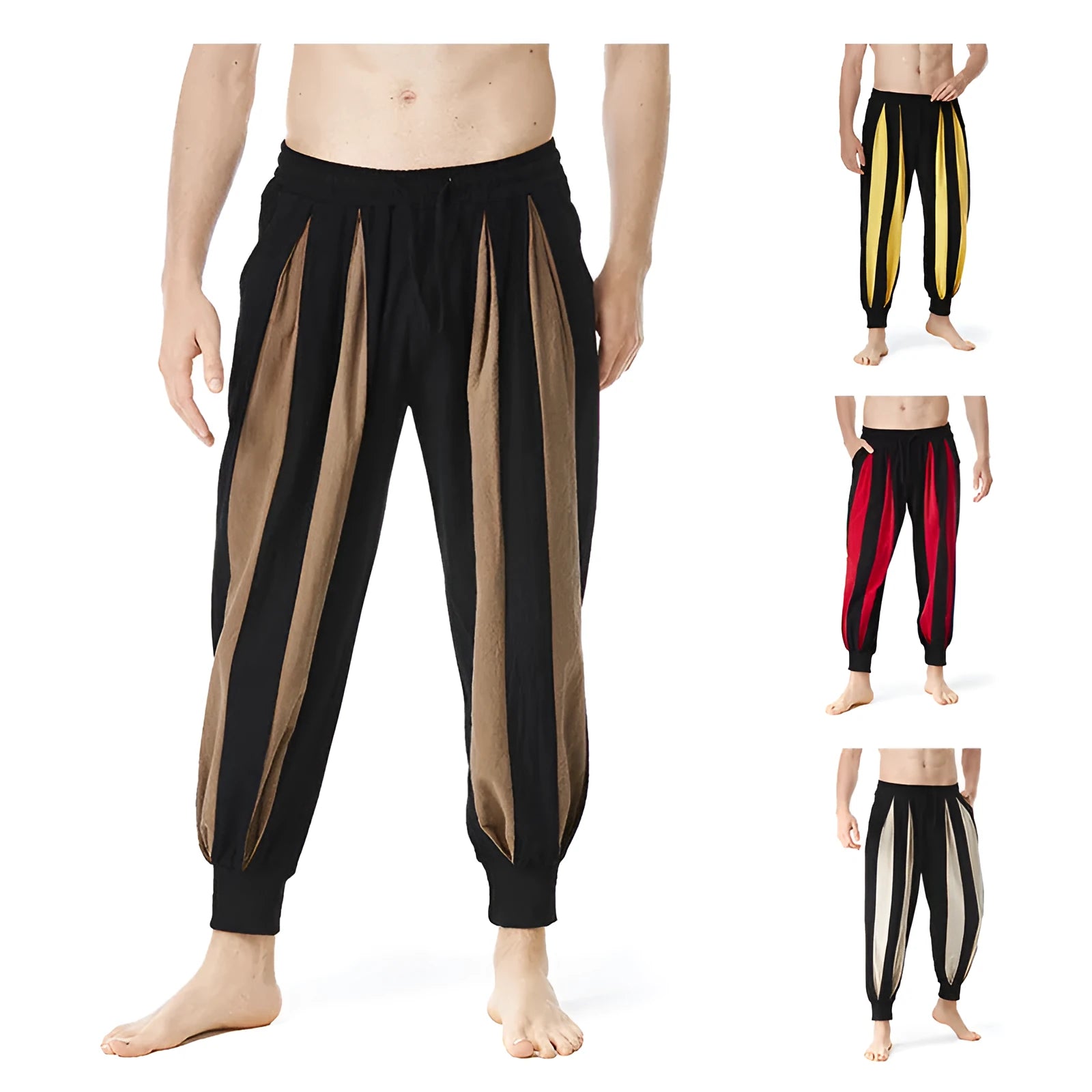 Men's straight-leg casual trousers in brown, khaki, red, or yellow colour options.