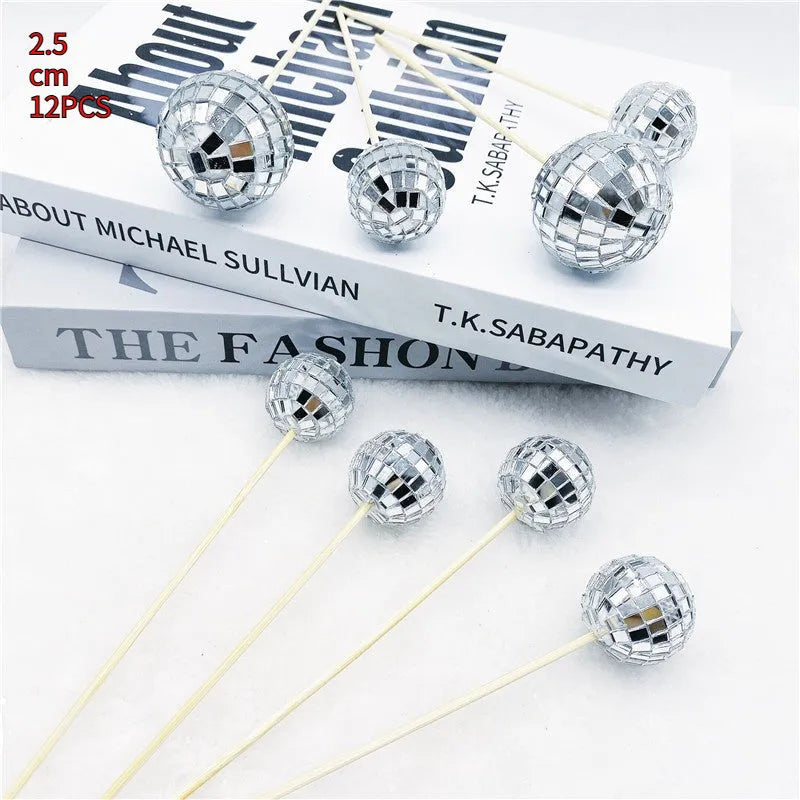 Glass disco ball cake decoration on wooden stick in various sizes from 2.5cm to 5cm diameter