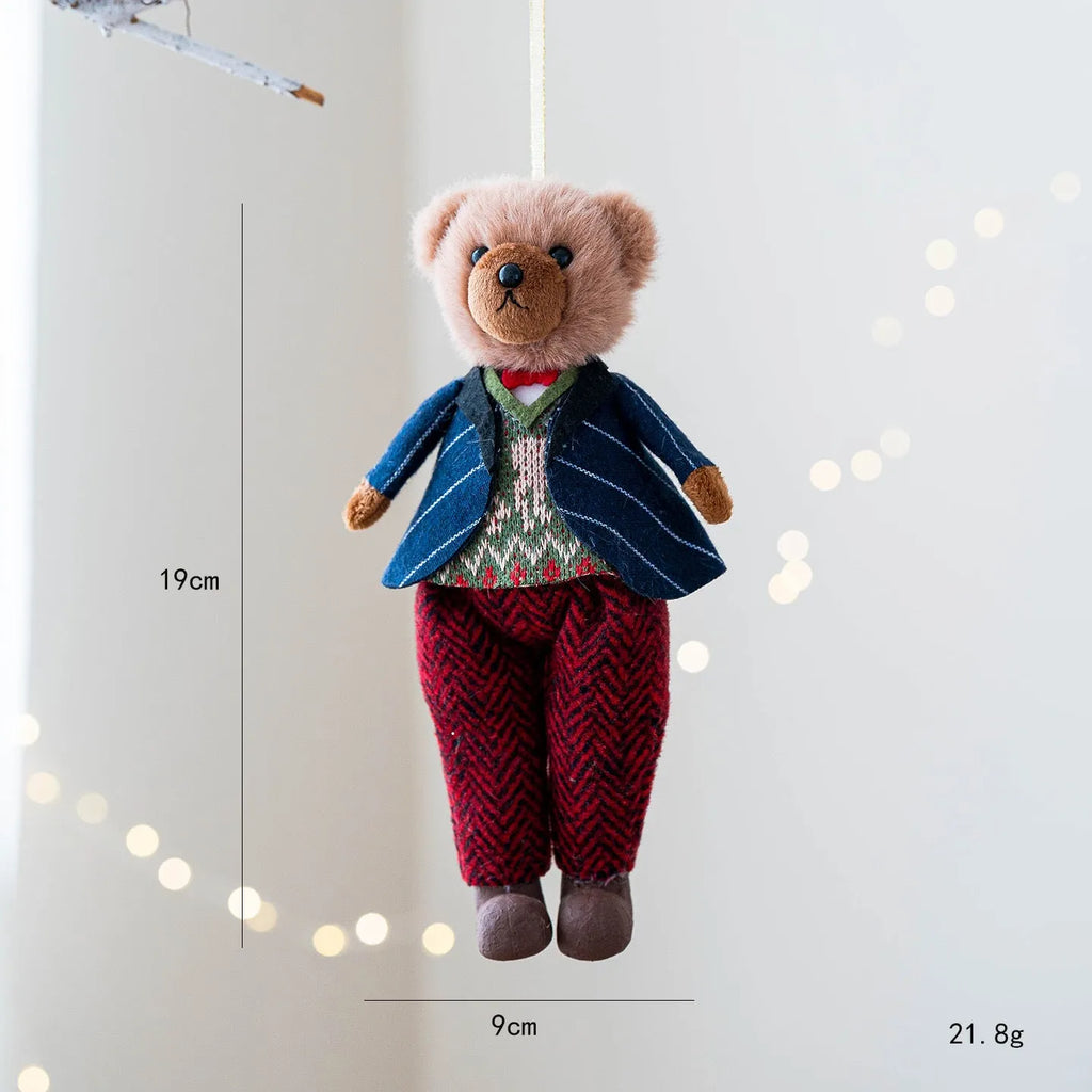 Cartoon couple plush bear doll wearing a cotton suit with a plaid design
