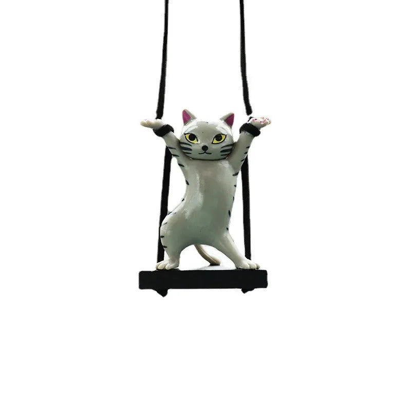 Cartoon-style resin cat pendant for car interior with adjustable rope in multiple colour options