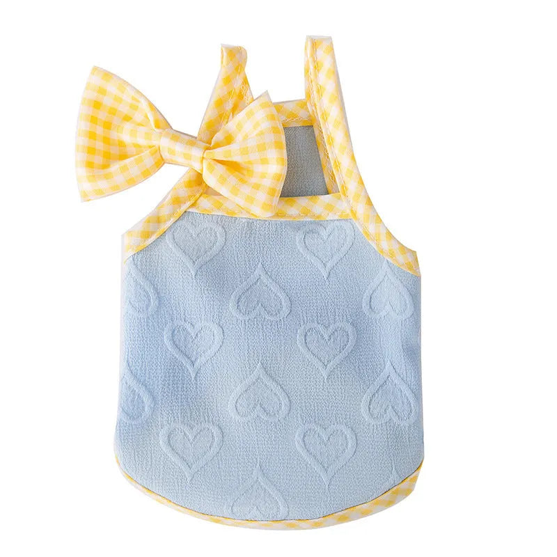 Small dog vest with heart relief texture bow suspenders in elastic polyester fabric