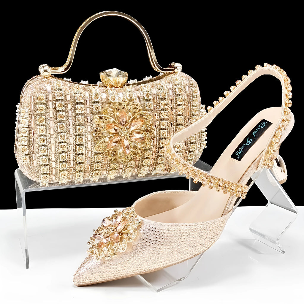 Women's black high-heel shoe and matching clutch bag set with floral drill buckle and ankle chain decoration