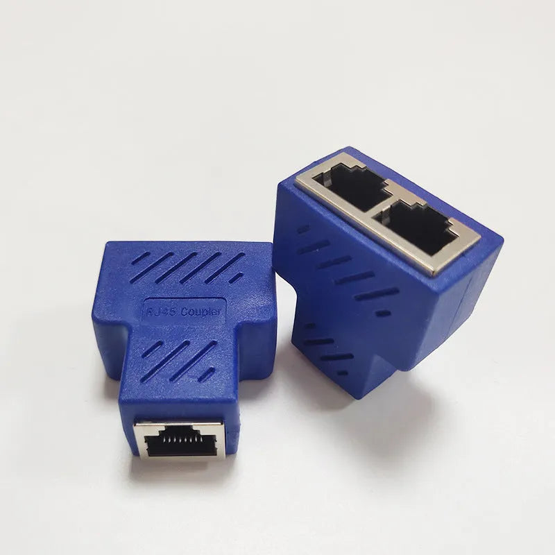 White RJ45 network cable splitter adapter dividing one Ethernet connection into two ports