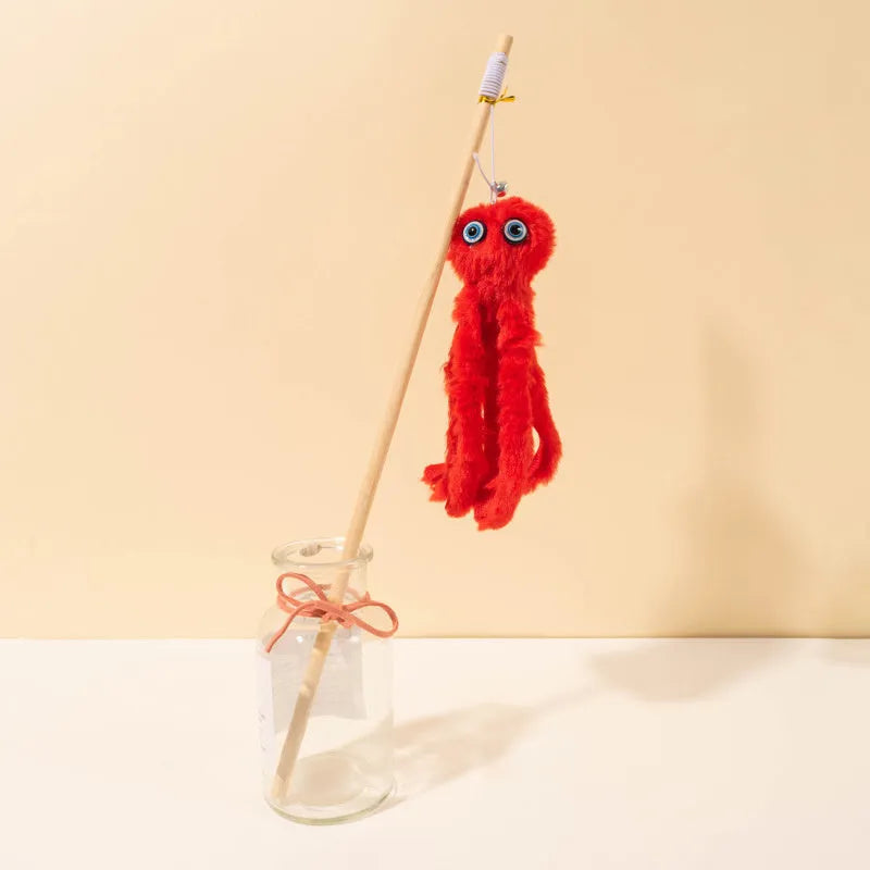Octopus wand cat toy with moving eyes and flexible wand for indoor kitten play