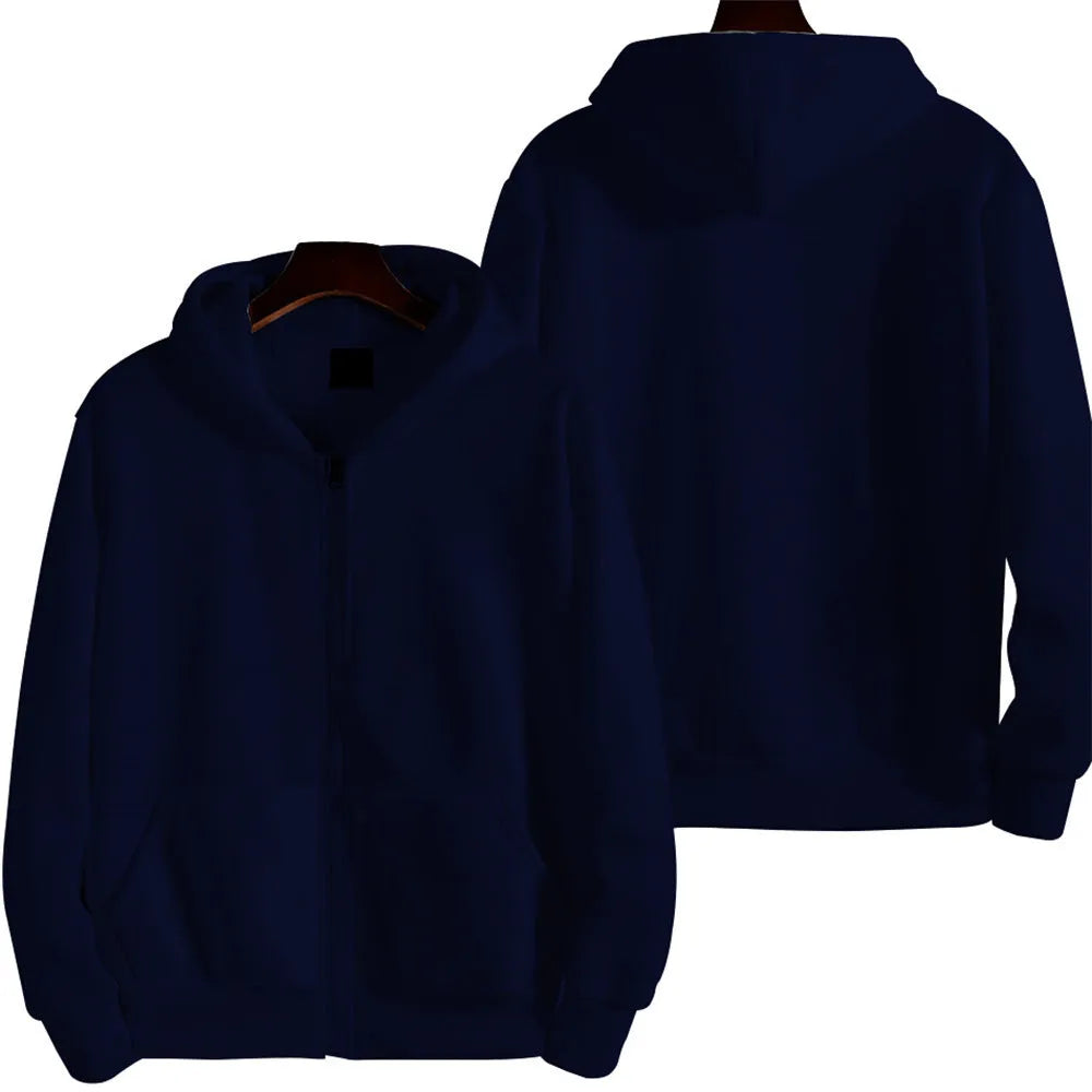 Men's loose fit zip-front sports jacket in a solid colour, shown on a hanger.