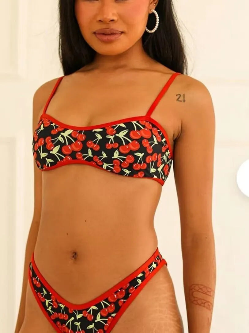 Women's cherry print floral bikini swimsuit set with tube top and briefs