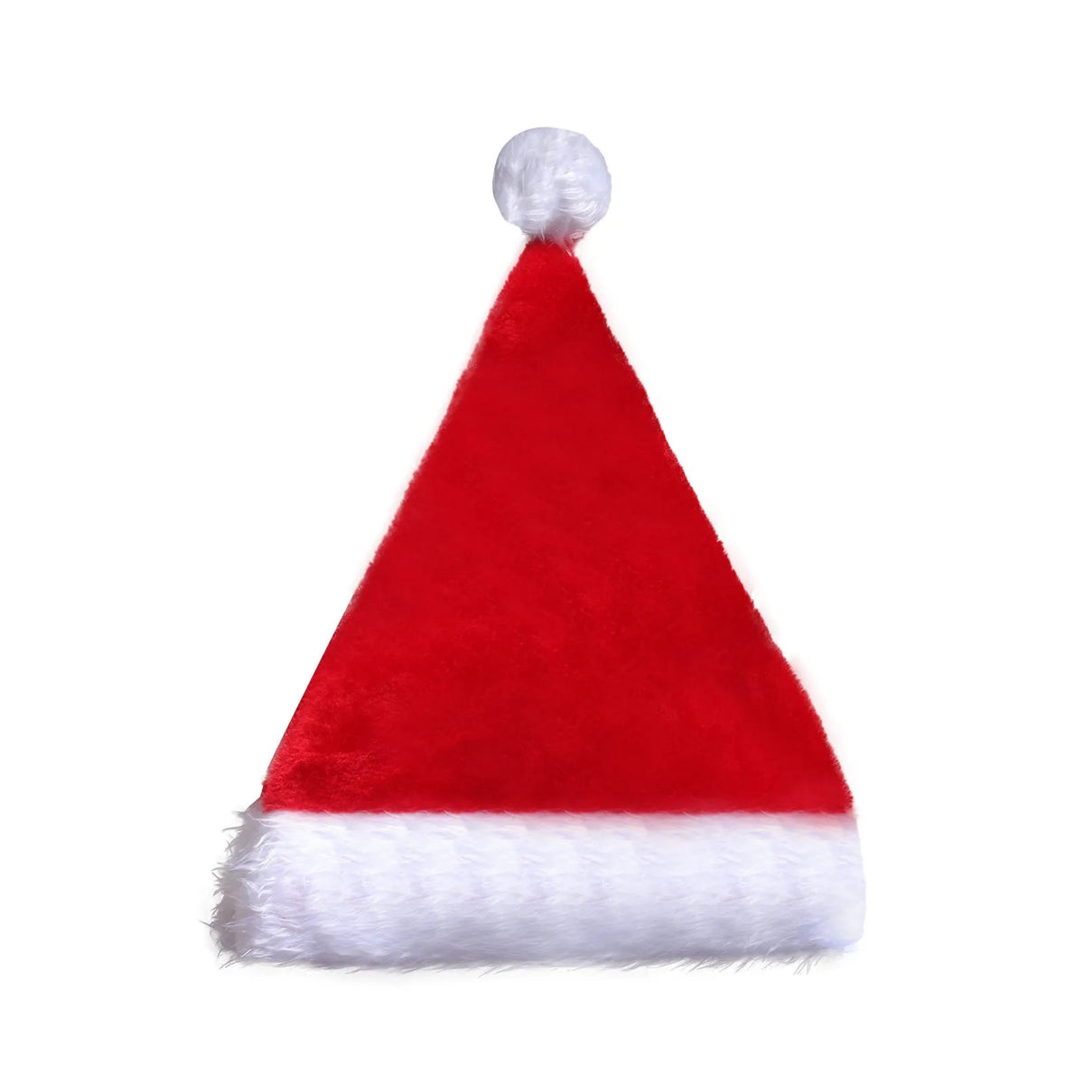 Red and white plush LED Santa hat with pom-pom and 20 multi-colour lights illuminated.