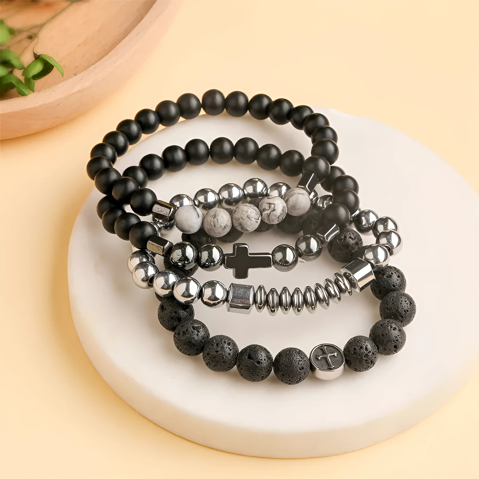 Geometric volcanic rock agate bracelet in Volcano colour with stainless steel, showing 10mm stone and 19mm size.