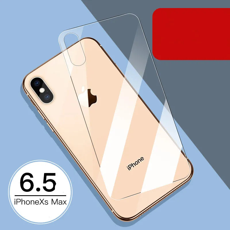 Apple iPhone tempered glass screen protector film for front and rear protection.