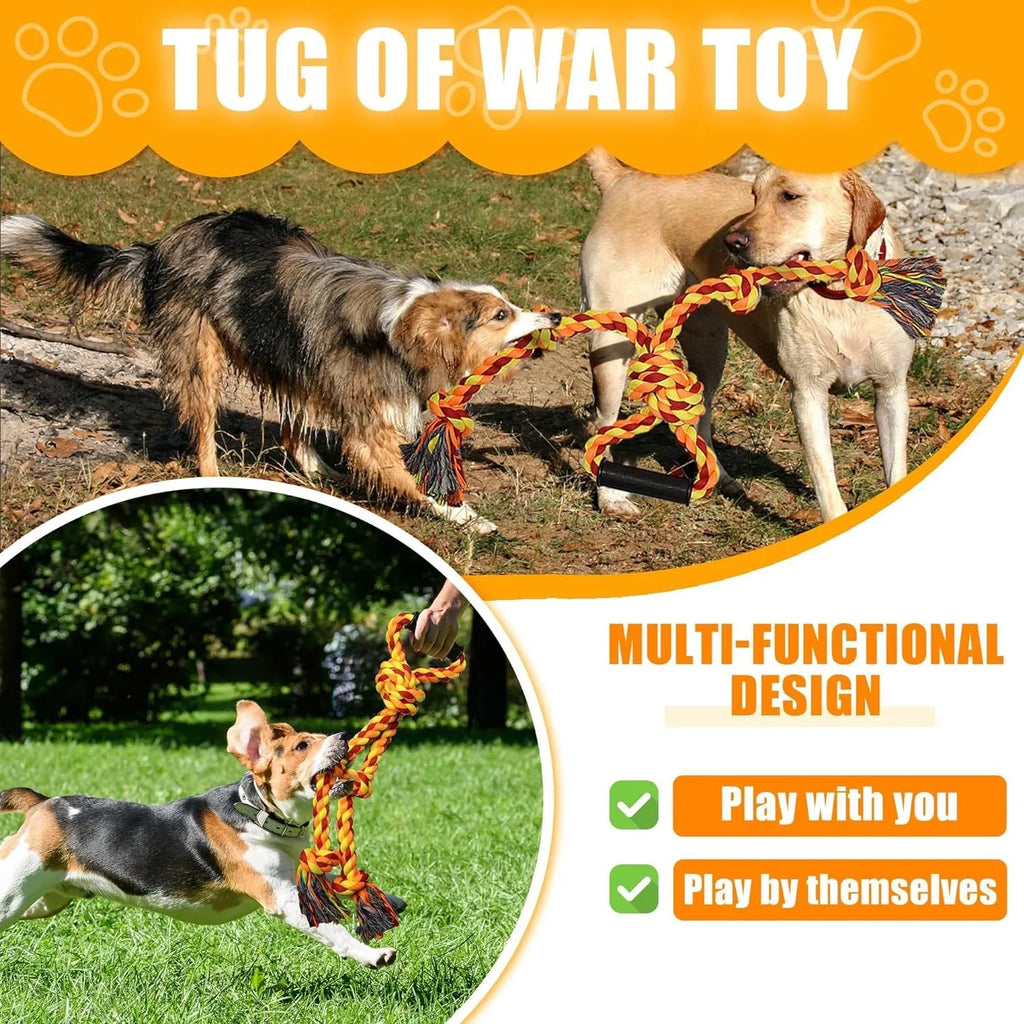Blue and yellow woven cotton rope dog toy with a non-slip handle for tug-of-war games.