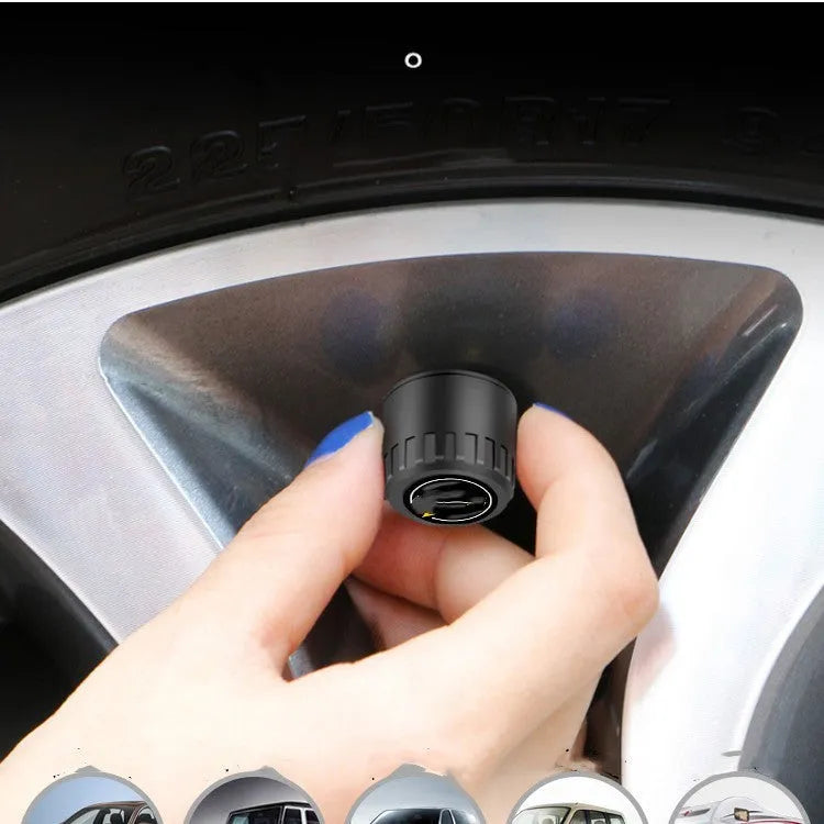 Bluetooth 5.0 automotive tyre pressure monitoring system with four black external sensors and installation tools