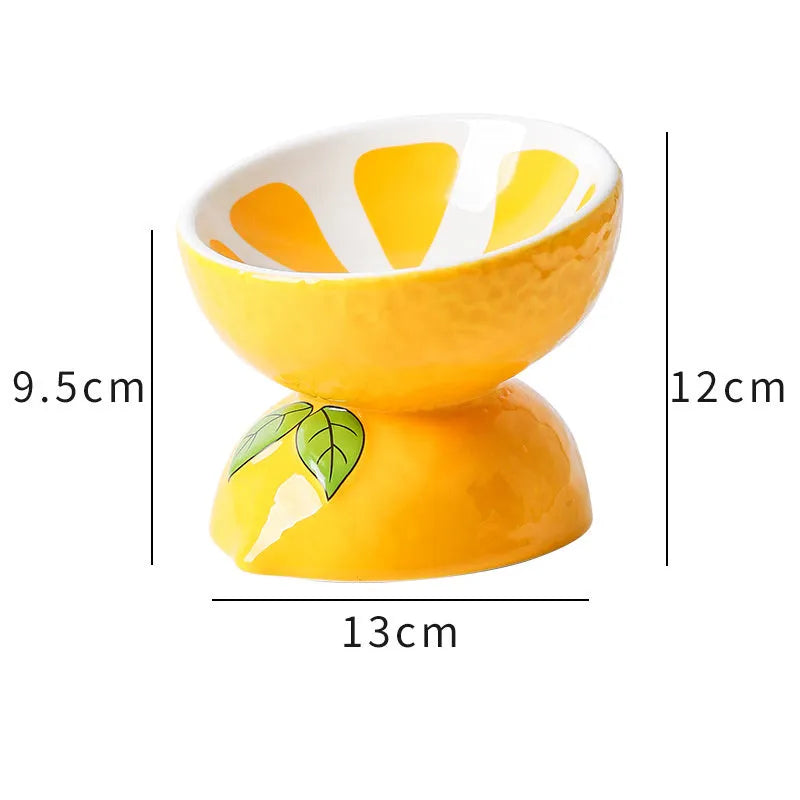 Ceramic elevated cat bowl in orange colour with tilted wide dish design.