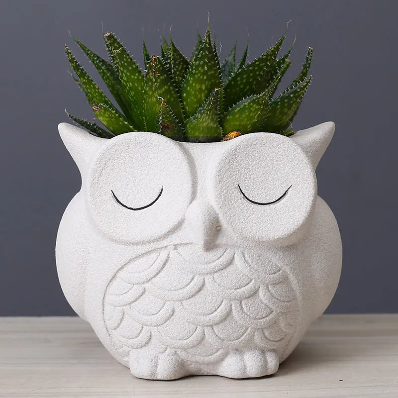 Handmade ceramic owl-design succulent pot in frosted light pink, white, green, or blue, measuring 11cm by 9cm.