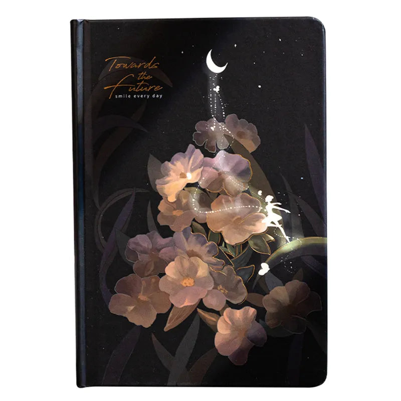 A5 notebook with luminous cover showing colour illustration interior pages and dot grid layout