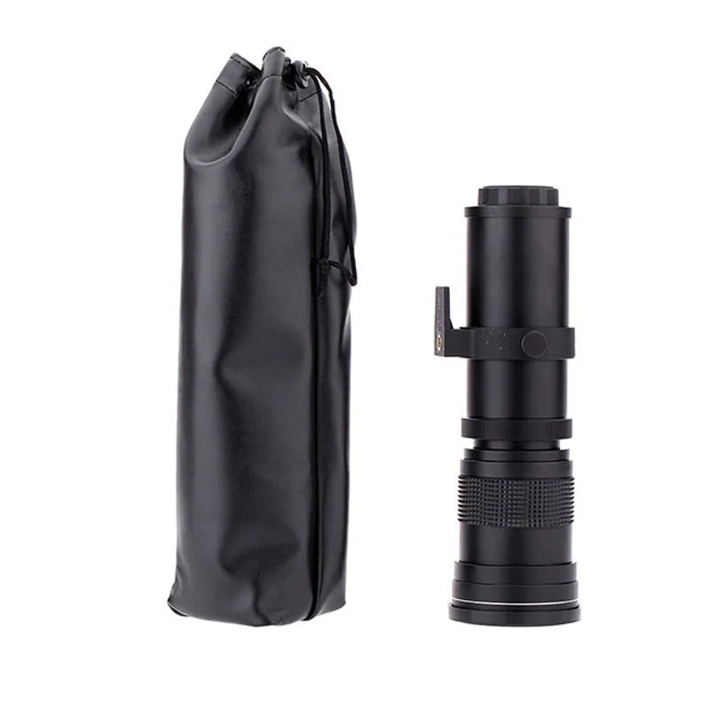 420-800mm telephoto zoom adapter lens for cameras with manual focus and T-port connection, showing retracted and extended positions
