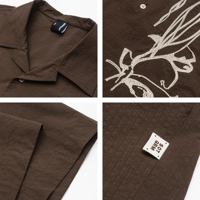 Brown striped Cuban collar short sleeve outdoor shirt with waterproof quick-drying fabric