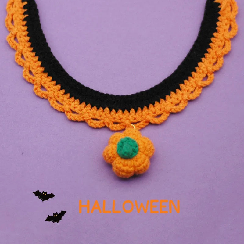 Hand-crocheted wool Halloween pet collar in pumpkin colours with adjustable sizing
