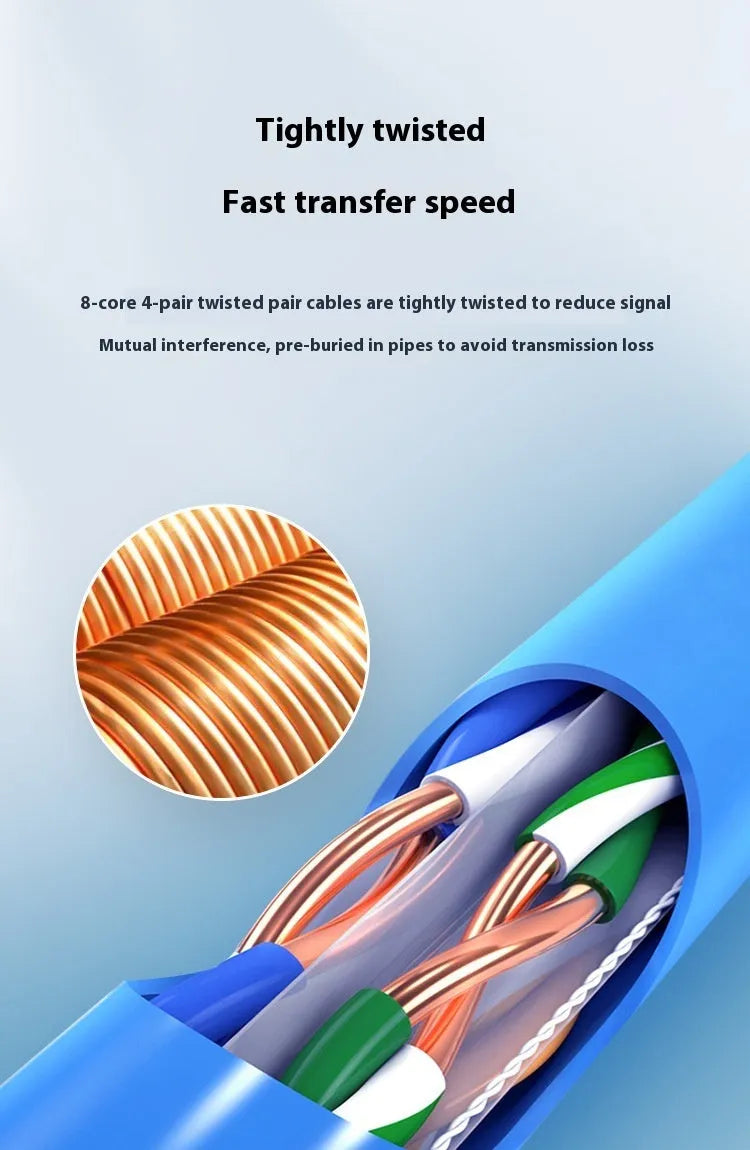 A blue 305 metre reel of Cat 6/6A gigabit Ethernet cable with oxygen-free copper core.