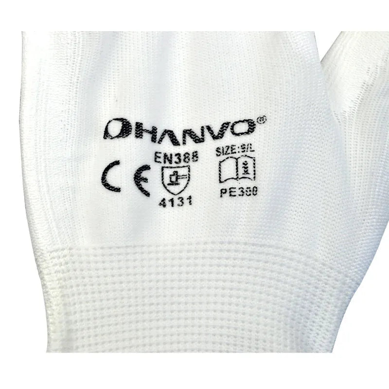 White PU coated work gloves showing flexible palm and 24 cm length, pack of 10 pairs.