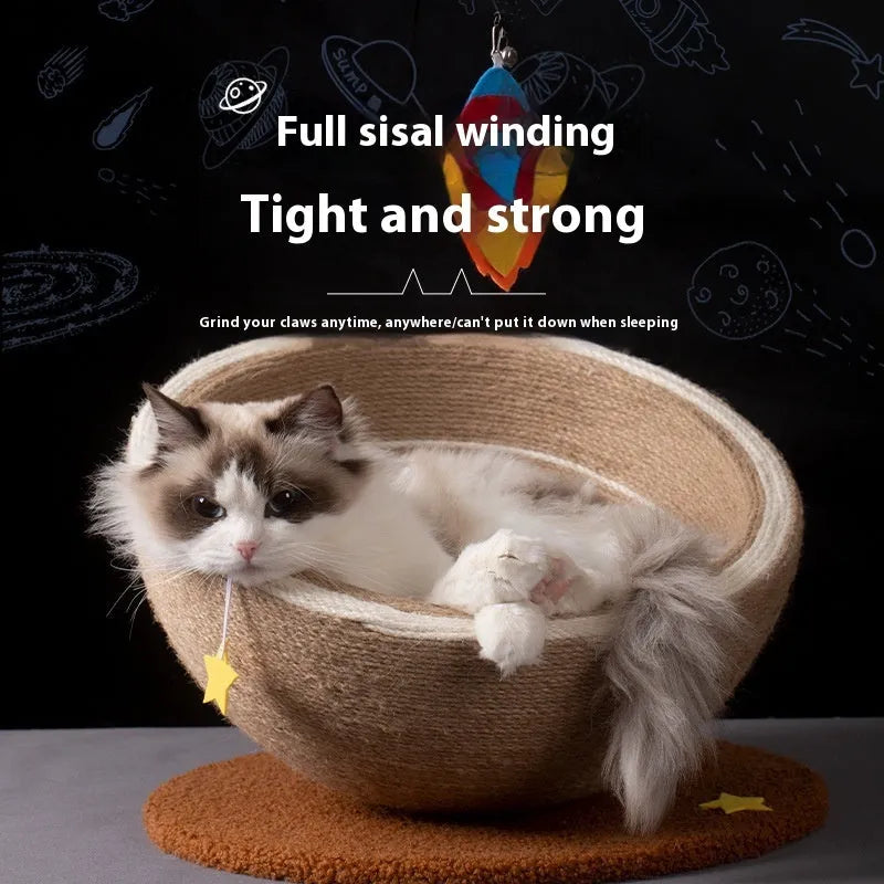 Large integrated cat scratching board and flannel-lined cat nest in starry sisal colour on wooden base.