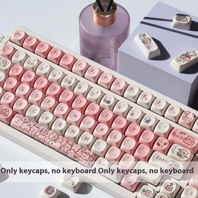 Pink PBT mechanical keyboard key cap with colourful fragrant pig character design on top and sides.