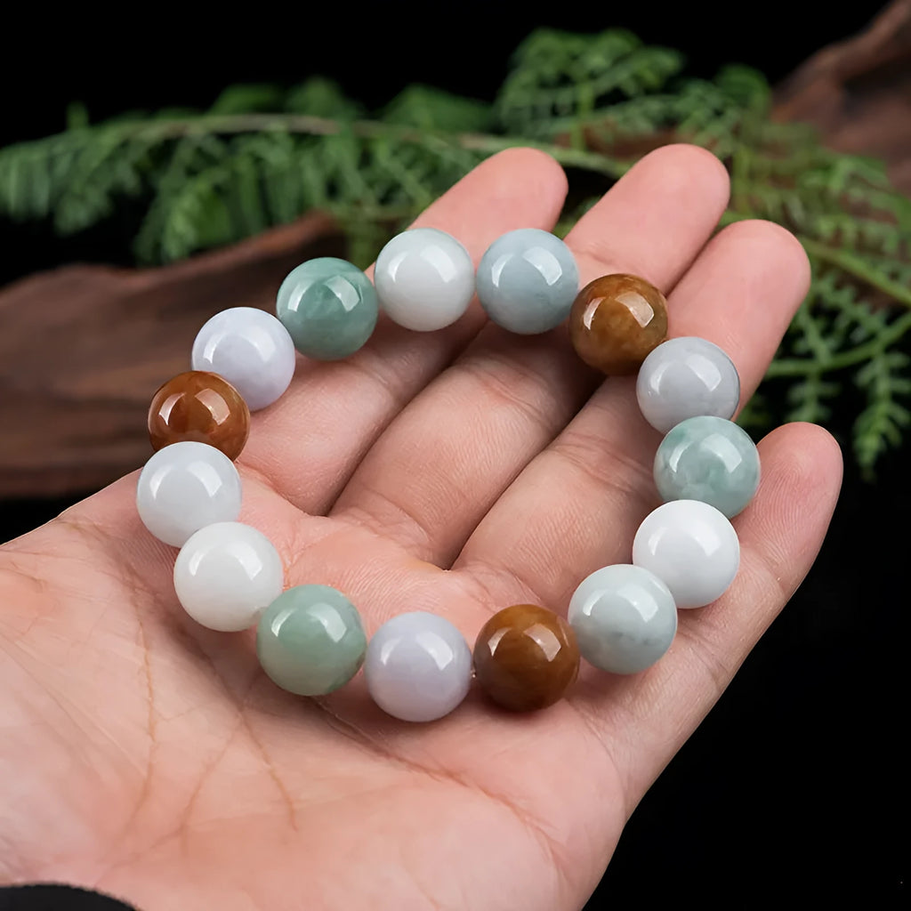 Women's Myanmar jade tricolor bracelet with 13mm round beads and national style design