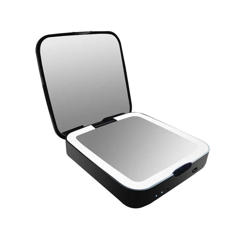 Black and white dual-sided makeup mirror with 4x magnification and HD sides, showing adjustable light settings.