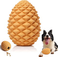 Yellow pine cone shaped natural rubber dog chew toy with treat dispenser hole.