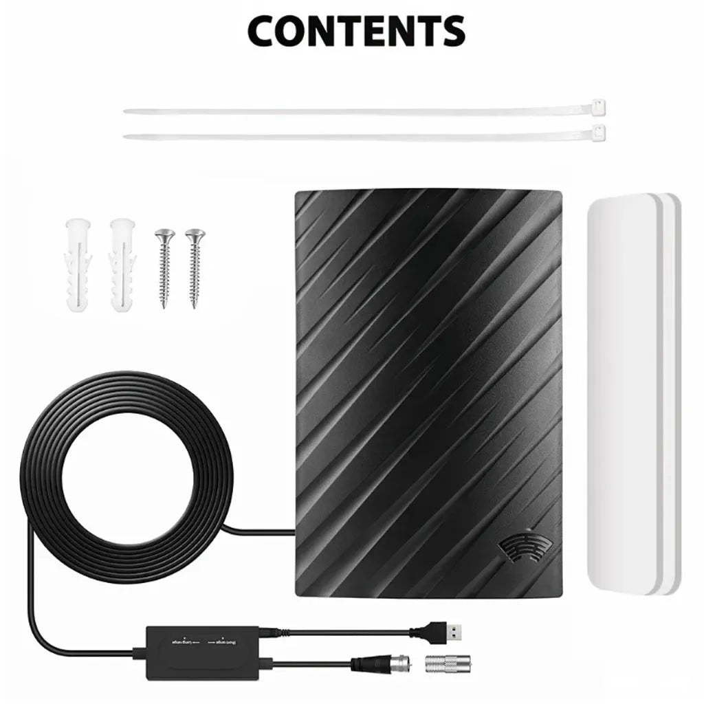 Black plastic digital television antenna with HD mode selector on a flat surface