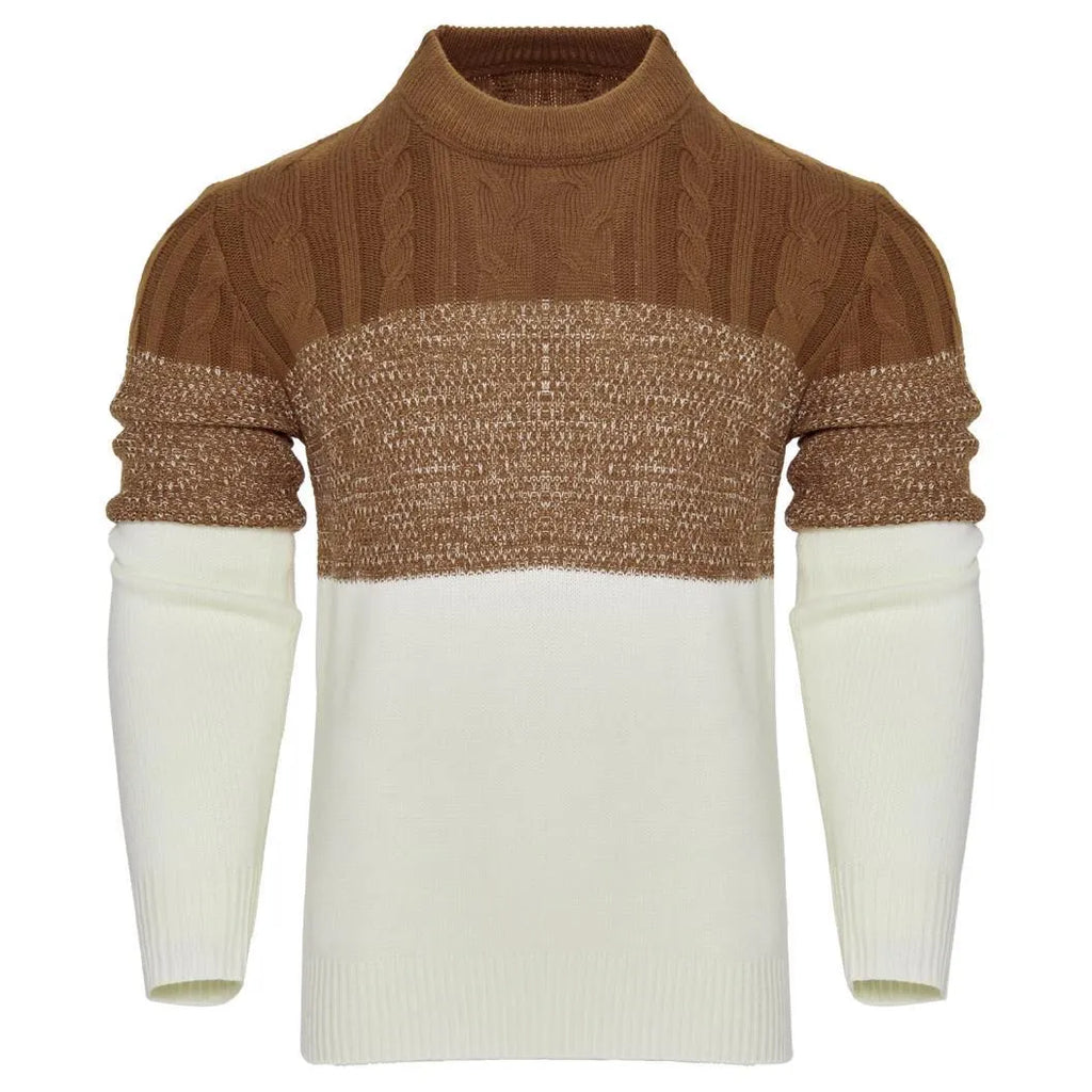 Men's soft knitted long-sleeved pullover sweater on a model, showing style variation.