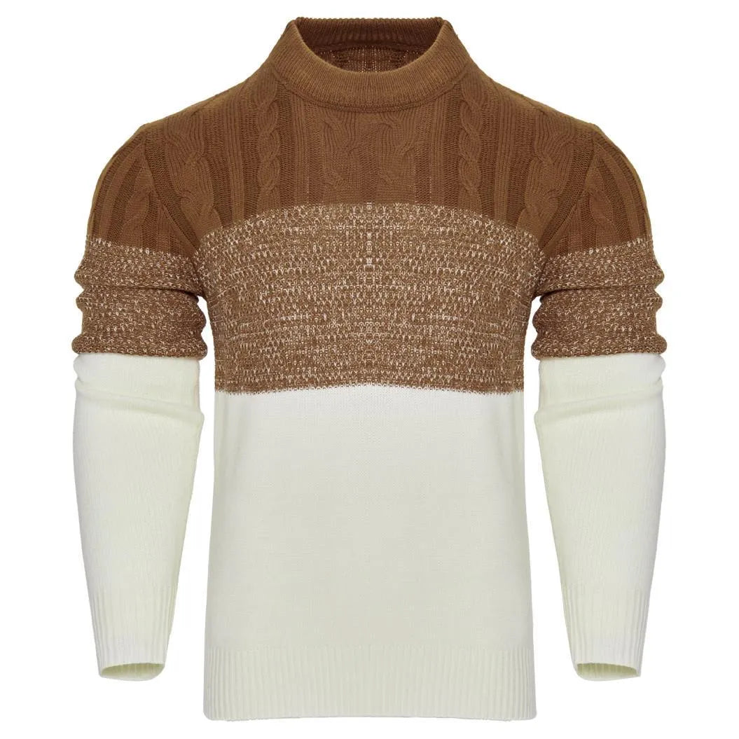 Men's soft knitted long-sleeved pullover sweater on a model, showing style variation.