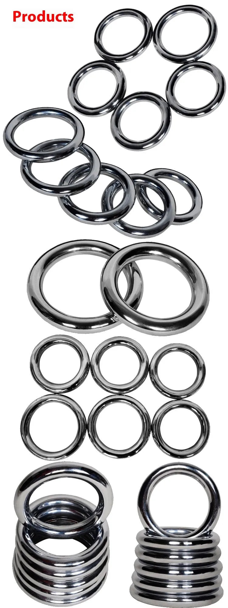 Iron Arm Skill Wing Chun carbon steel power training ring in three sizes on a plain background.