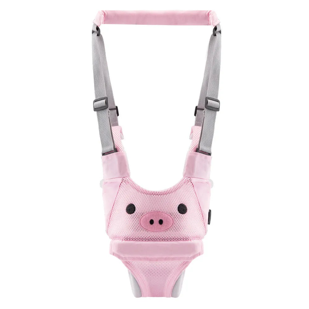 Blue cotton baby walking harness belt with straps, shown being used to support a toddler learning to walk.